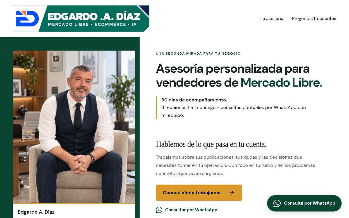 Vista de la página de Asesoría personalizada de Edgardo A. Díaz
