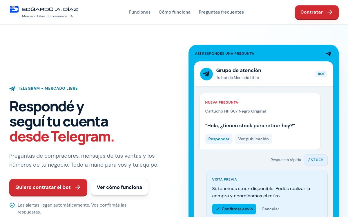 Vista de la página de Bot de Telegram para Mercado Libre de Edgardo A. Díaz