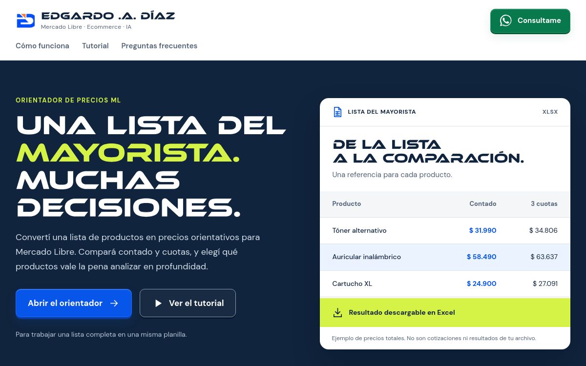 Vista de la página de Orientador de precios ML de Edgardo A. Díaz